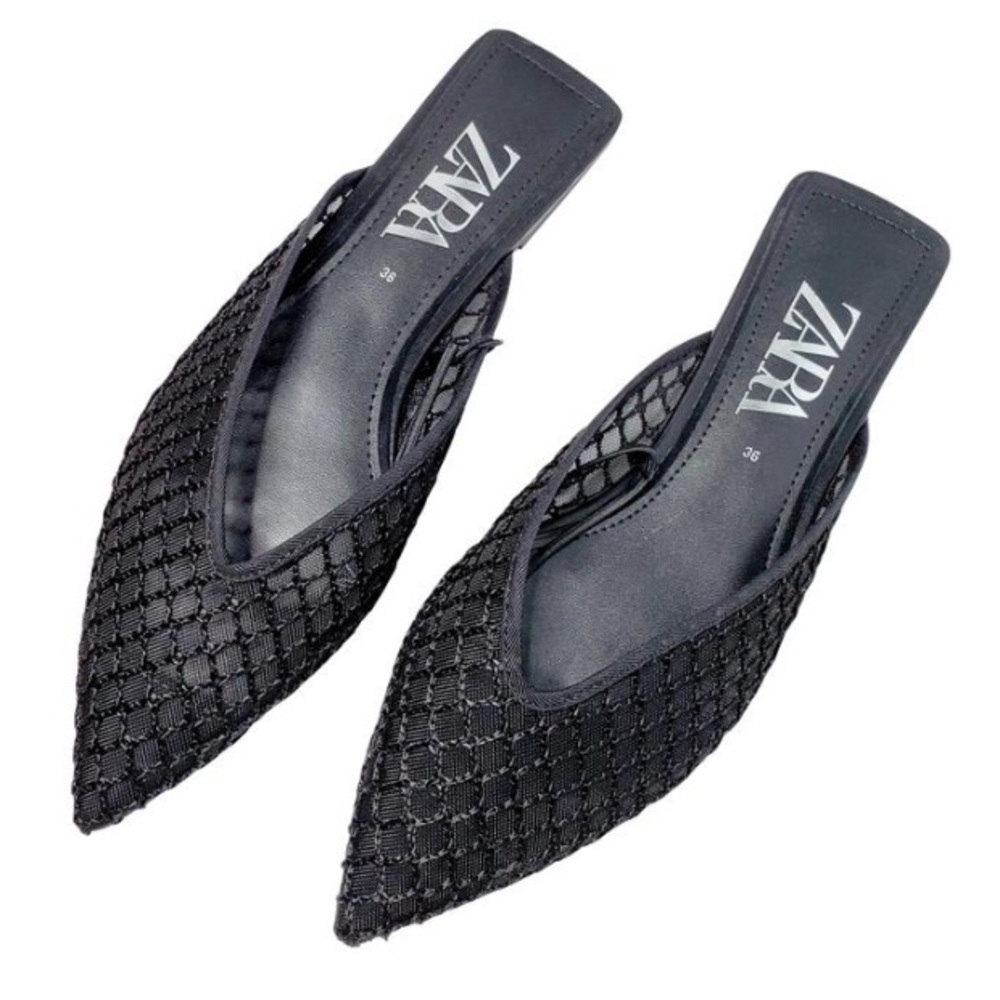 Zara Black Mesh Pointy Mules Cap Toe